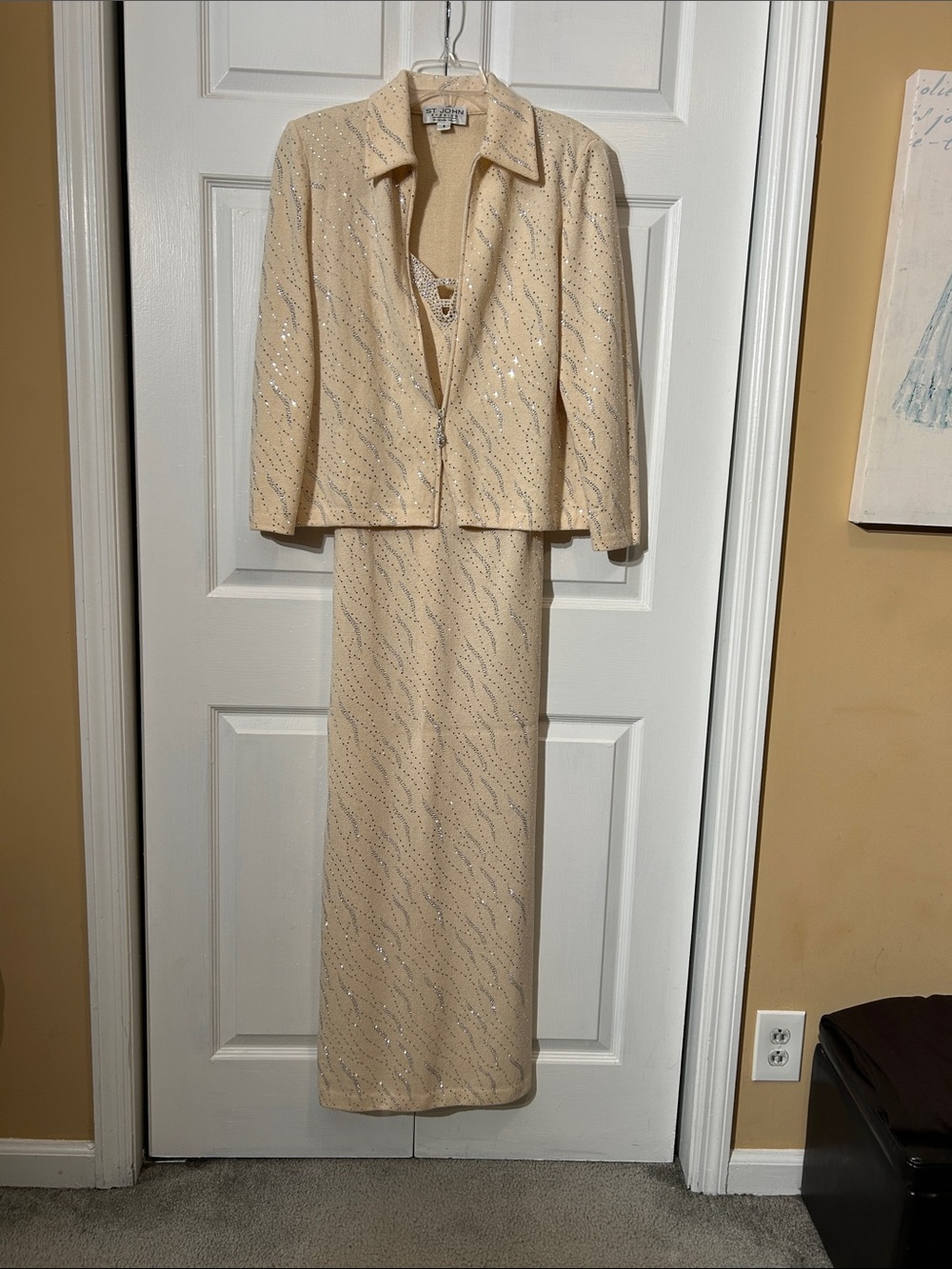 St. John Evening Cream Embellished Dress with Jacket Size 8 *DAMAGED & ALTERED*